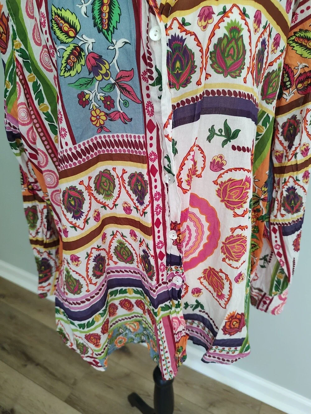 Calypso St. Barth Patchwork Style Festive Floral Red Button Down Shirt 2X